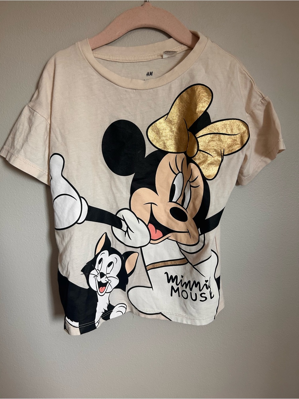 H&M Girls' Cream Minnie Mouse Graphic oversized Tee with Gold Bow size 4T